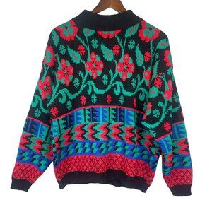 Vintage 80s Sweater Geometric Floral Colorful Slouchy Oversized Ugly Christmas